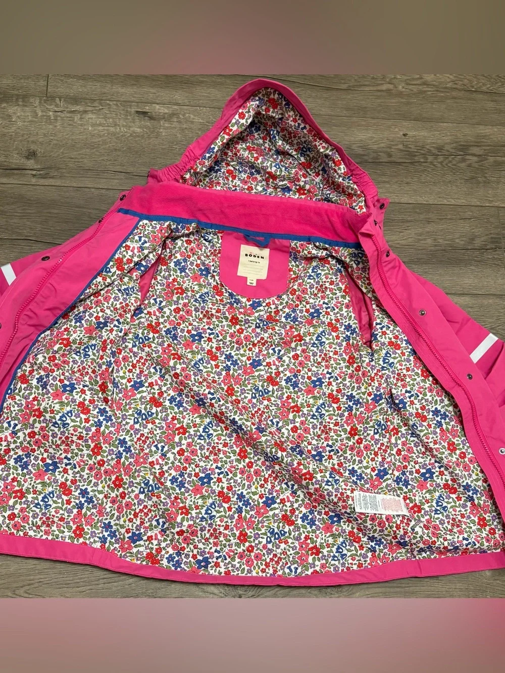 Mini Boden Girls Waterproof Fisherman's Hooded Pink Floral Jacket Sz 11-12 NWT